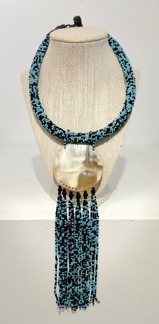 Beaded Shell Necklace, Blue & Black