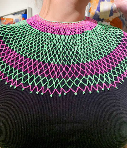 Long Beaded Collar, Green & Pink